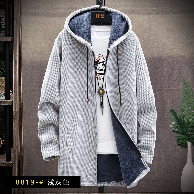 新作秋冬新品メンズカーディガンニットセーター ロング 裏起毛裏ボア 厚手コート無地 細身 フード付きパーカー 五色 M~4XL選択ライトグレー