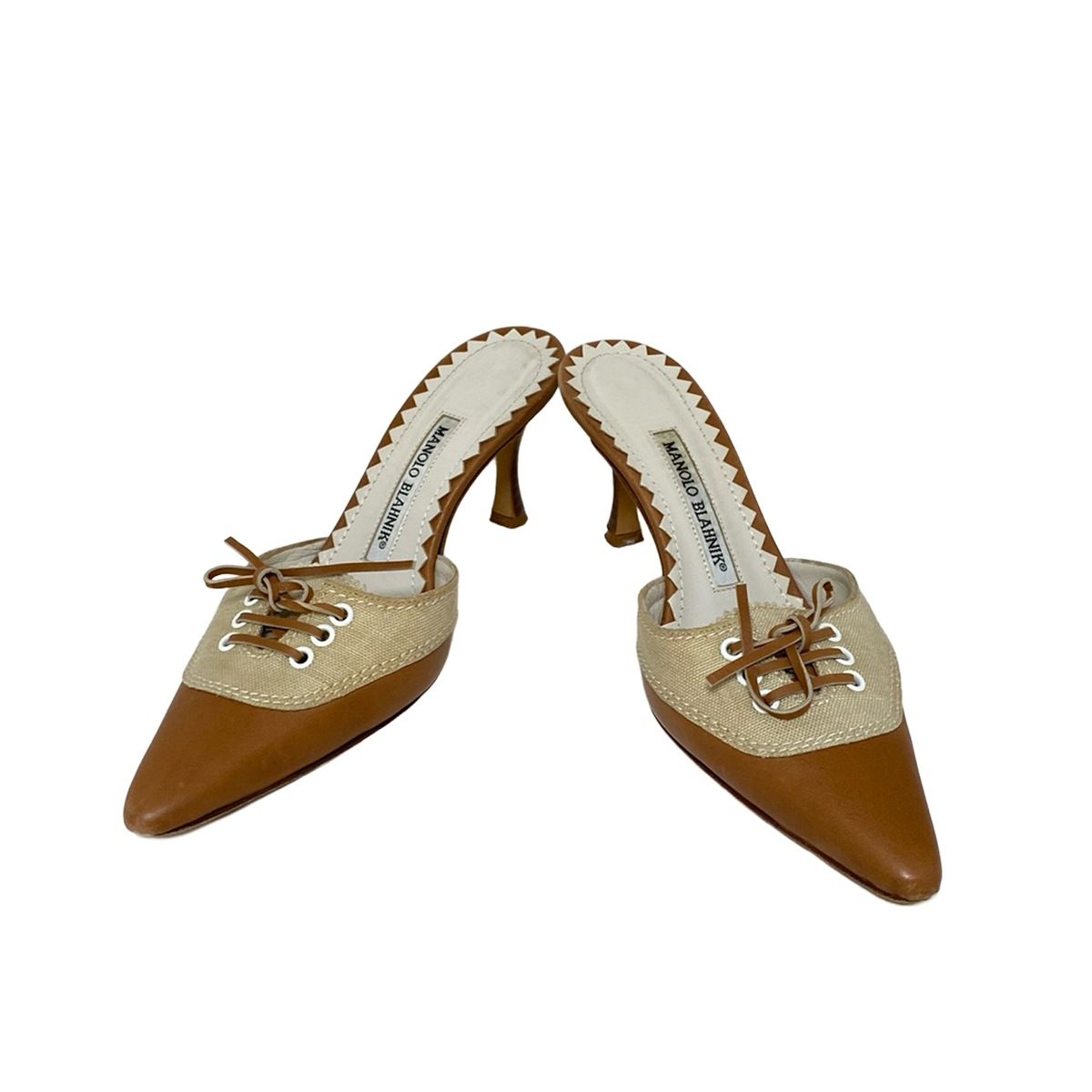 MANOLO BLAHNIK マノロブラニク ミュール 35 1|2 レディース - アイボリー×ブラウン リボン レザー