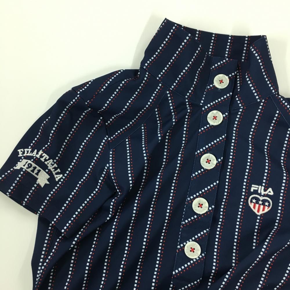 【超美品】フィラゴルフ 半袖ハイネックワンピース ネイビー×白 スクエアドット柄ストライプ 星柄 レディース M ゴルフウェア FILA GOLF