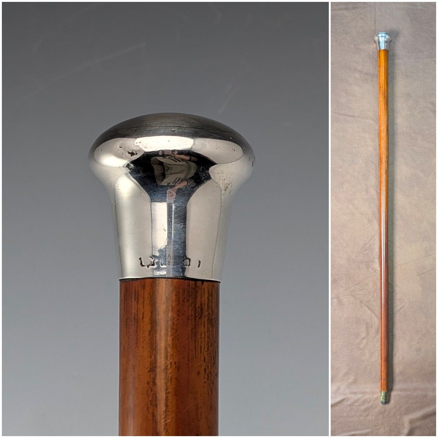 1924年 英国アンティーク タンシャフト 純銀製ロンデルハンドル ステッキ 杖 89cm