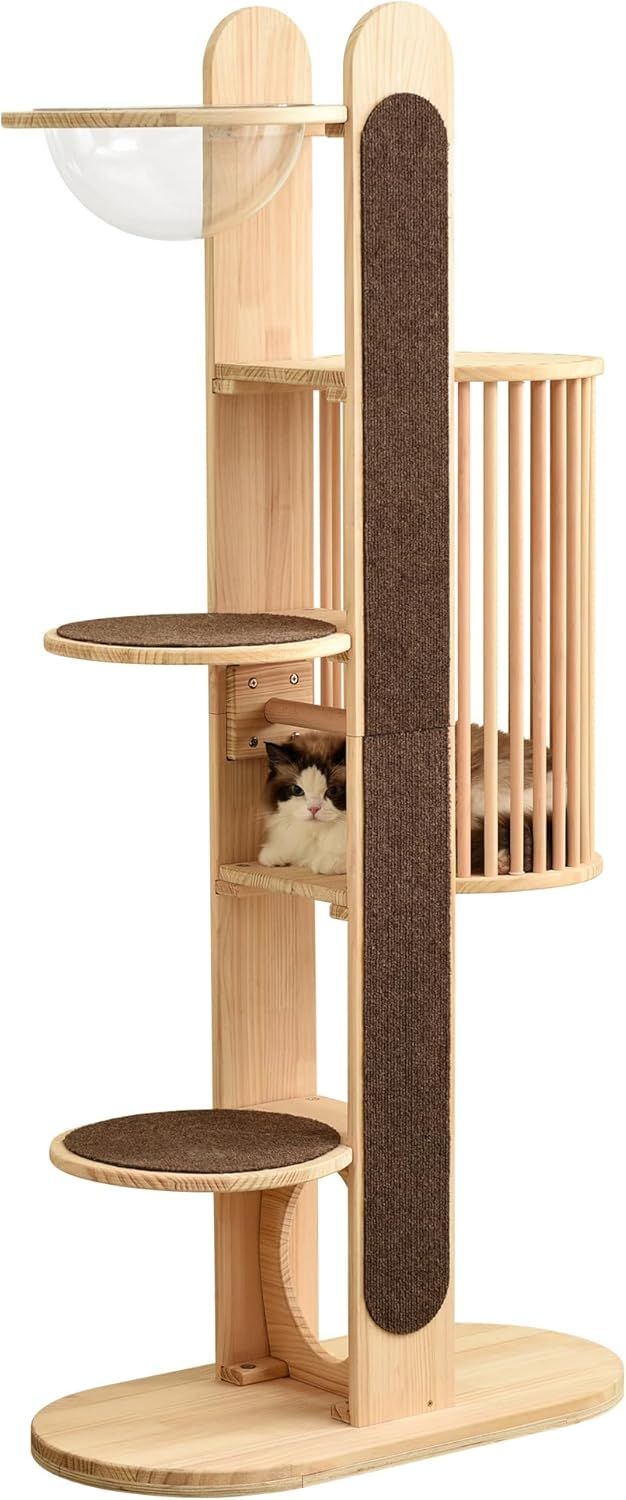 OSJ キャットタワー 木製 天然木 宇宙船付き 猫 猫タワー 猫ハウス 頑丈 据え置き おしゃれ 麻紐 爪とぎ支柱 ペット用品 ペット