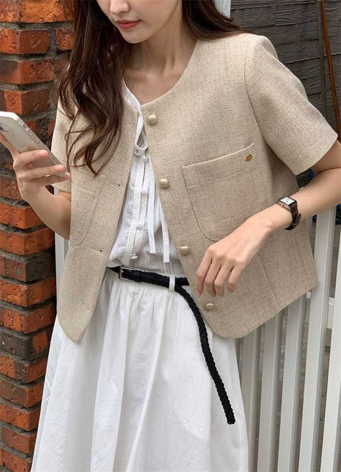 春夏 ツイード ノーカラー ジャケット レディース セットアップ可】ノーカラーツイードジャケット レディース M L