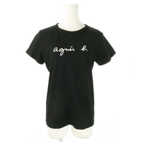アニエスベー agnes b. ロゴ Tシャツ カットソー 半袖 クルーネック コットン プリント 2 M 黒 ブラック