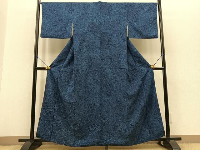 平和屋着物□上質な小紋 藍 型染め 更紗花文 やまと誂製 正絹 平和屋着物□上質な小紋 藍 型染め 更紗花文 やまと誂製 正絹
