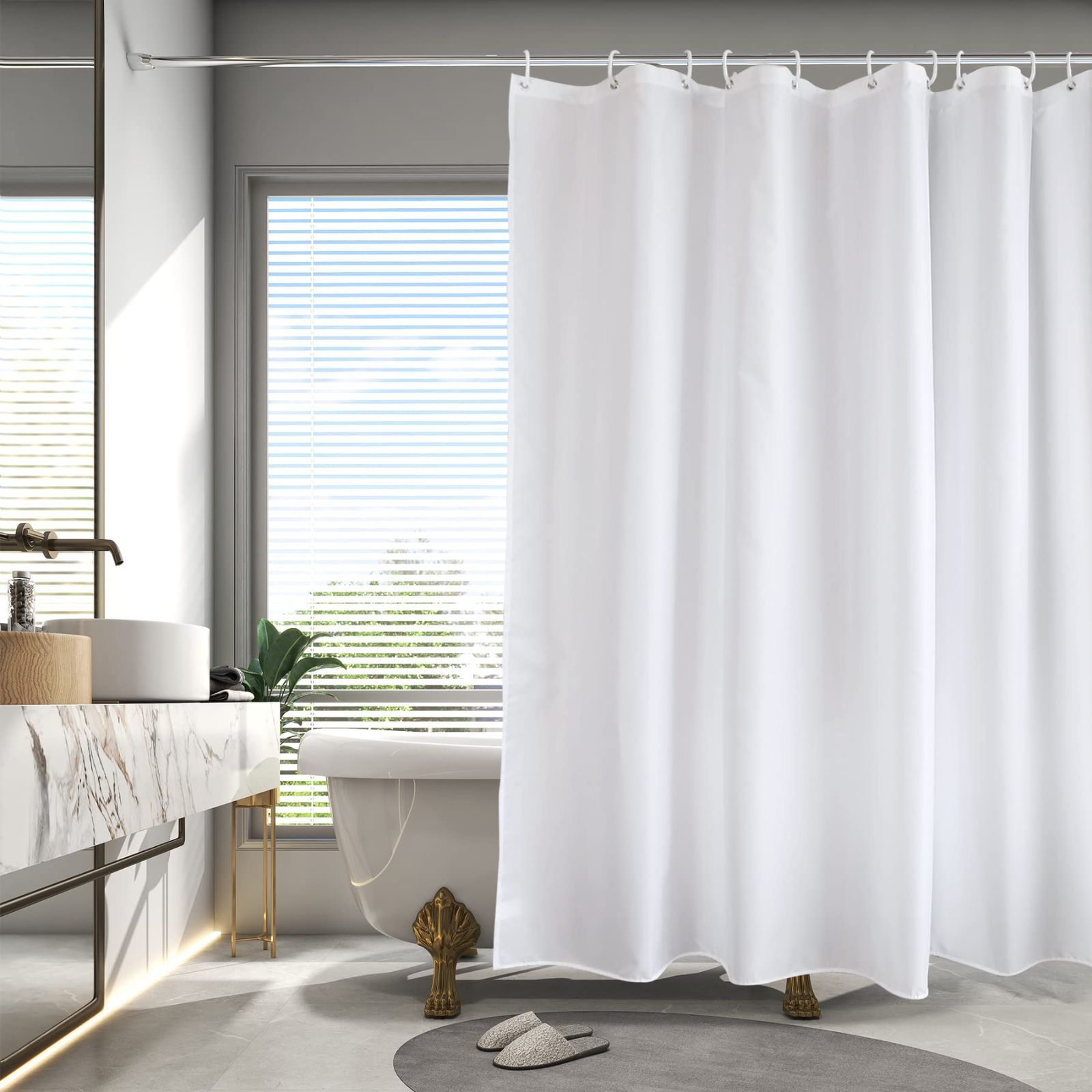 リング付き バス用品 白 無地 ホワイト ホテル ポリエステル製 速乾 軽量 お風呂カーテン 150x150cm ユニットバス 防水 防カビ 150cm丈 シャワーカーテン AooHome