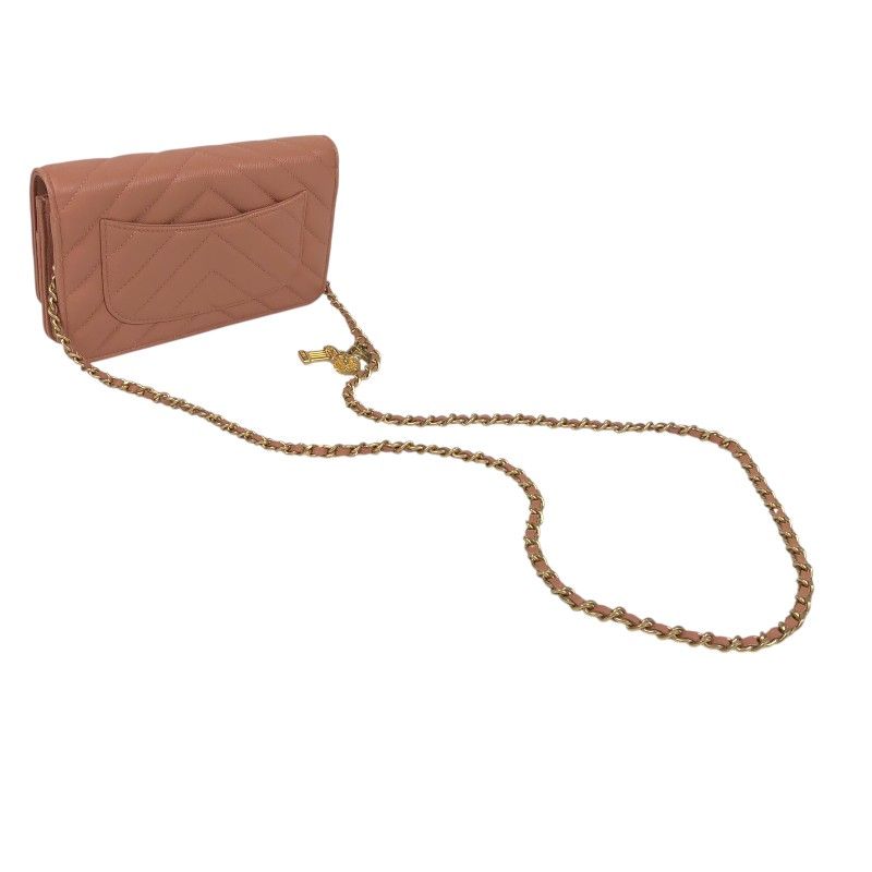 シャネル CHANEL Vステッチ チェーンウォレット A33814 サーモンピンク  