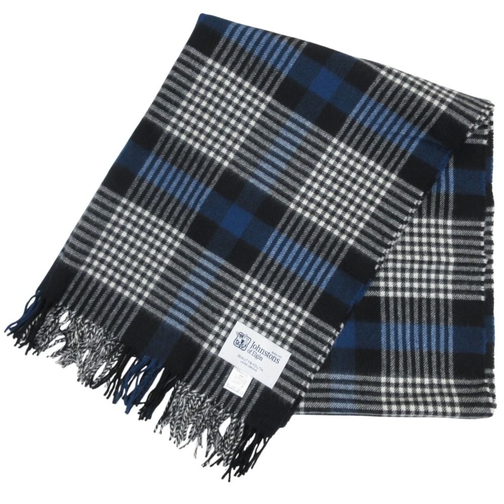 美品 Johnstons of Elgin ジョンストンズオブエルガン ビューティー ユース別注 チェック柄 カシミヤ 大判ストール マフラー ネイビー メンズ レディース 古着  USED