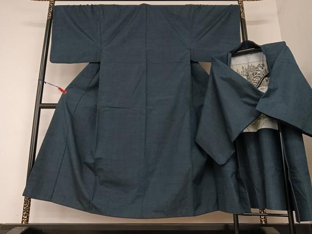 平和屋着物○男性 紬 アンサンブル 色無地 濃藍色 正絹 逸品 CAAS0276th