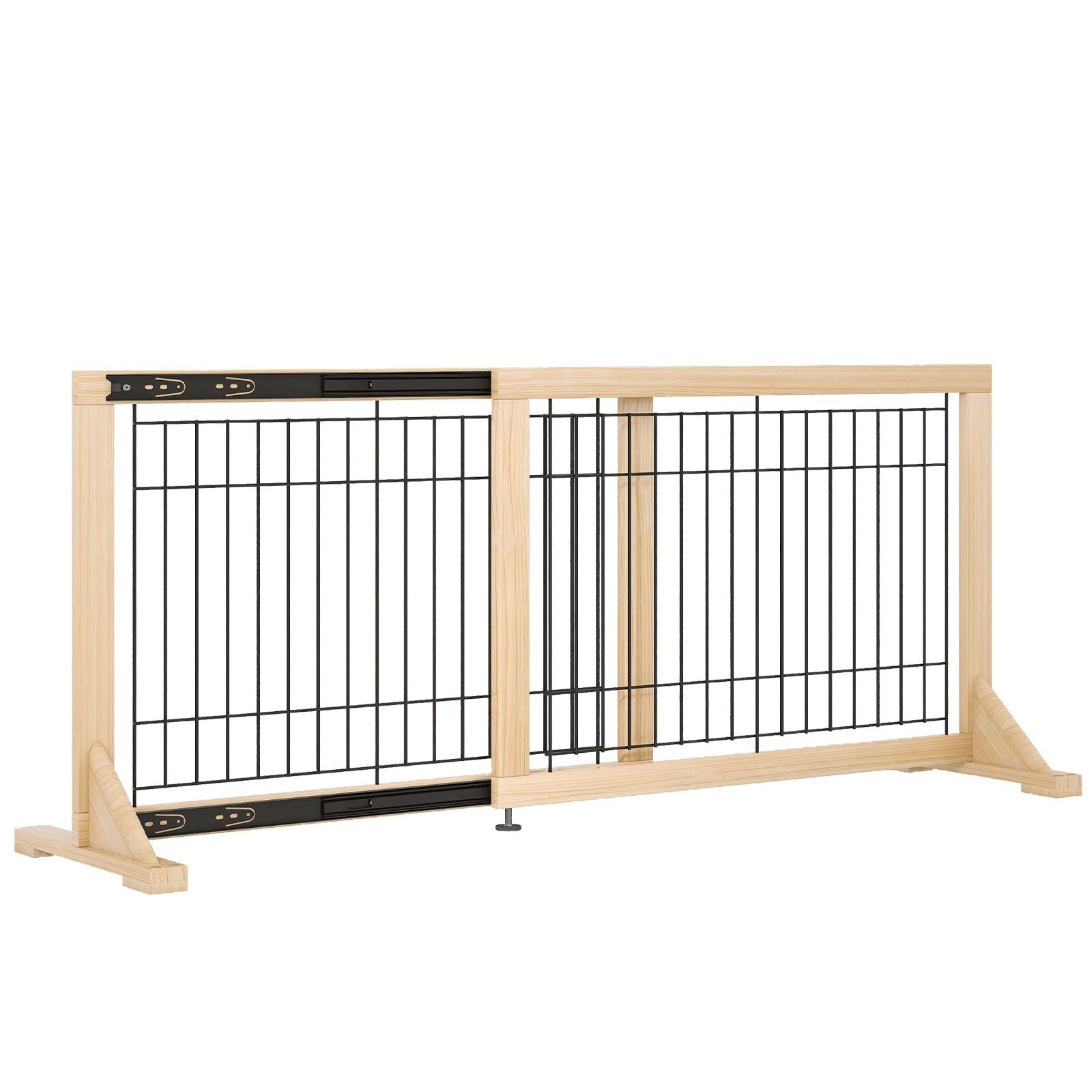 高さ50CM 置くだけ 伸縮 幅約64～115cm 犬 ゲート ペットゲート 木製 ガイドレール付き ベットフェンス 室内 新型レールフェンス Oapety 飛び出し防止柵 脱走防止 中小型犬用 スムーズ