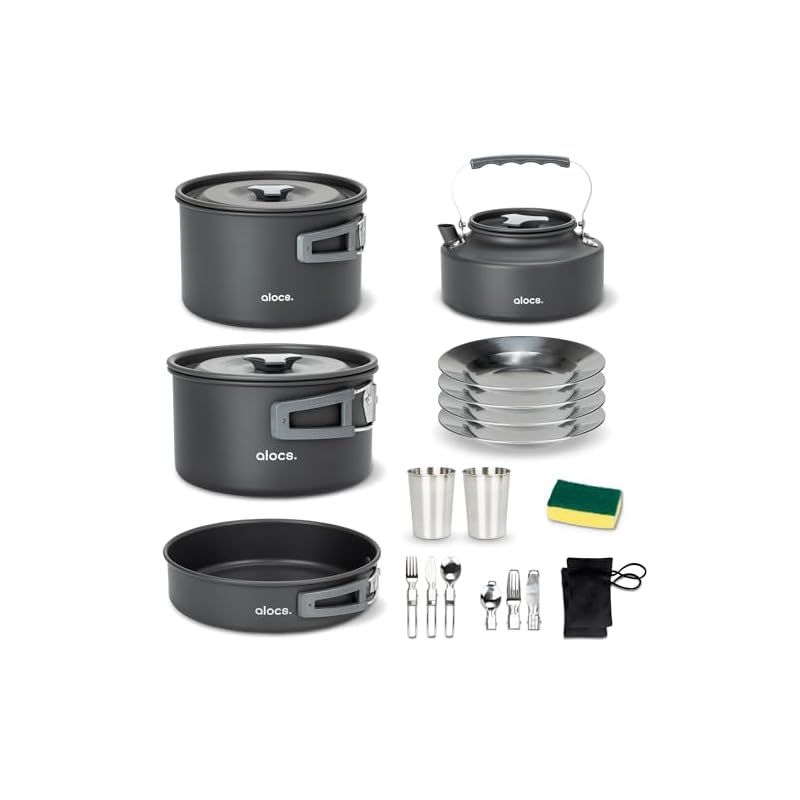 Alocs 19pcs キャンプ用調理器具セット ?量キャンプ鍋 ケトル アルミクッカー アクセサリー付き 登山用品 バックパック ハイキング ピクニックに適用 収納袋付き 2?4人に適応 1