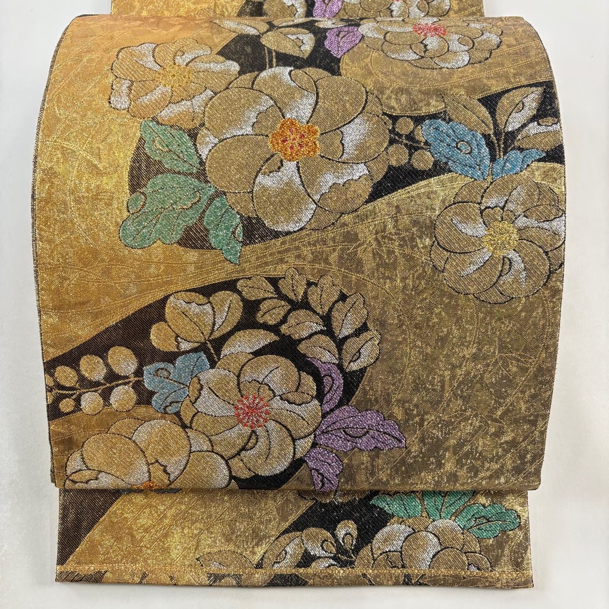 袋帯 秀品 振袖向き 辻が花柄 流水 箔 金色 六通 正絹