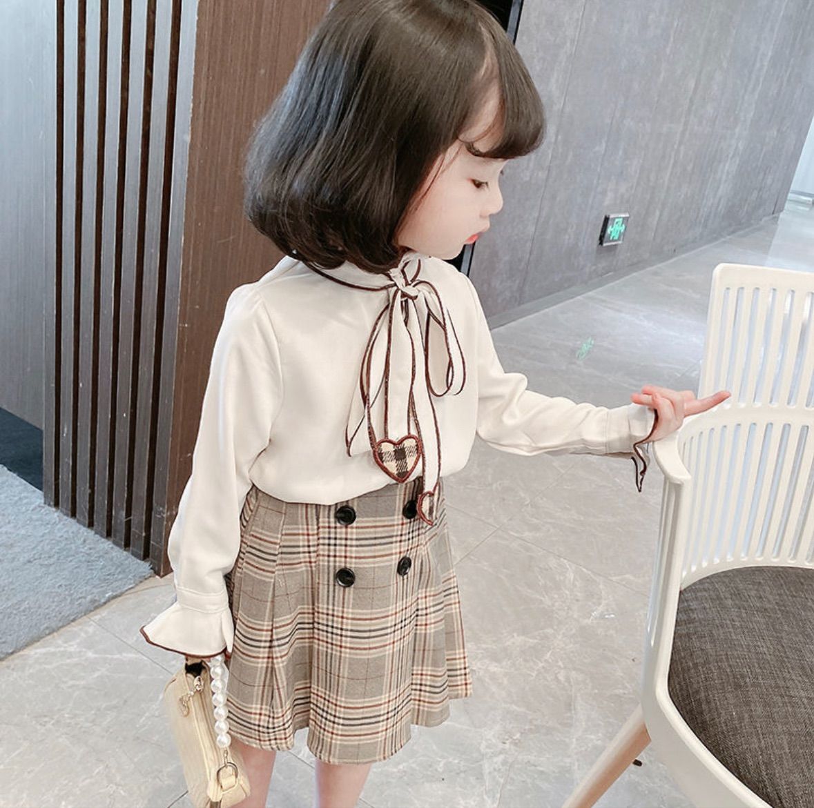 ハートリボンブラウス チェックスカート 2点セット 女の子 入園式 入学  