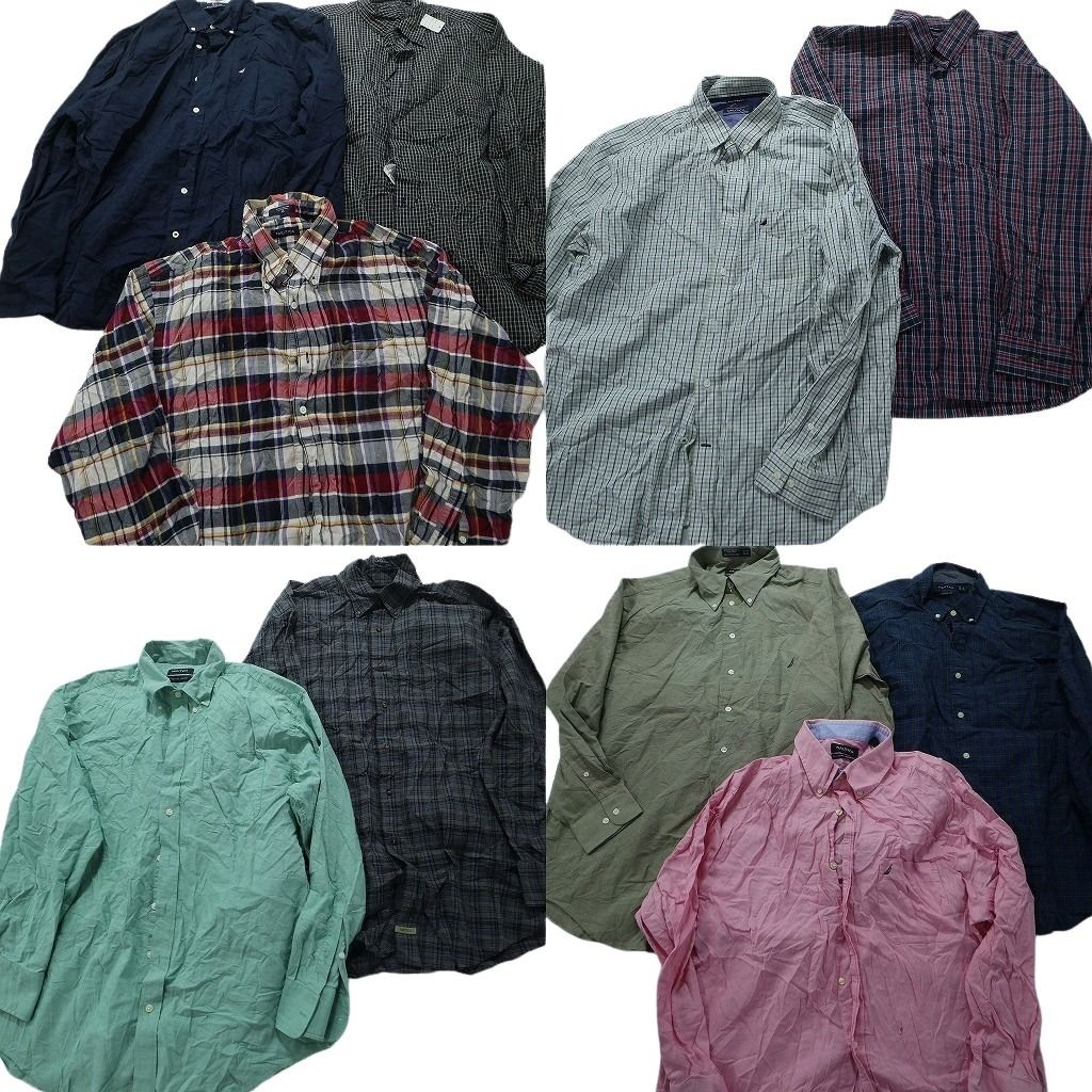 古着卸 まとめ売り ノーティカ 長袖シャツ 10枚セット (メンズ XL ) ブラック マドラスチェック 無地 ピンク MW2809 1円スタート