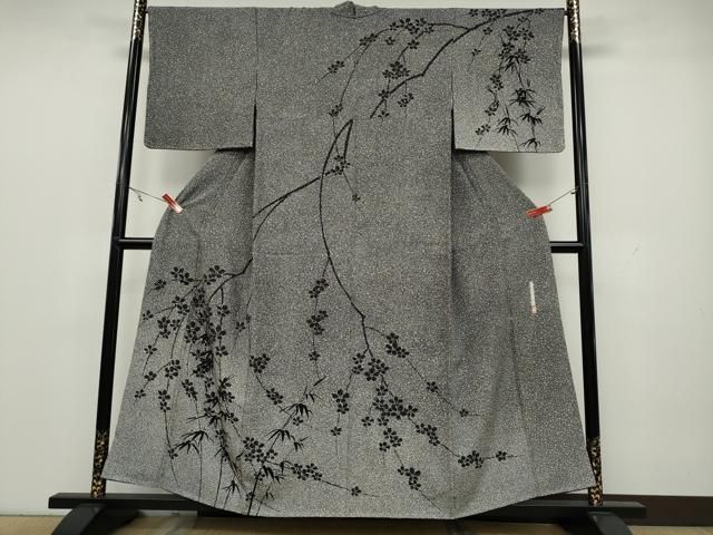 平和屋□極上 二代目 川村久太郎 小紋 松煙染 市松花鳥文 黒地