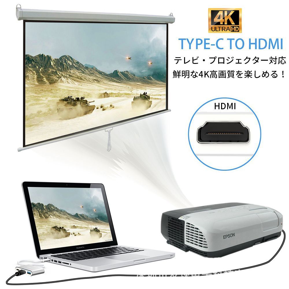 USB Typc-C ハブ シルバー HDMI Thunderbolt3 簡単 TV テレビ モニター 出力 テレビ 変換 アダプター TypeC マルチハブ HUB 4K 高画質