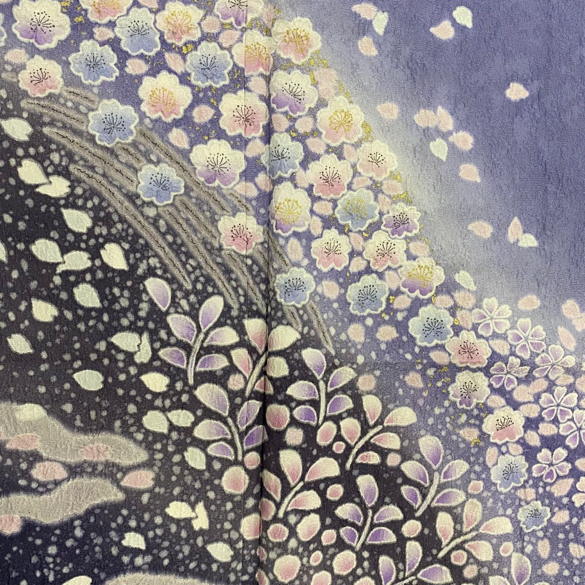 訪問着 身丈161.5cm 裄丈70cm L 袷 桜 流水 金彩 絞り 薄紫 正絹