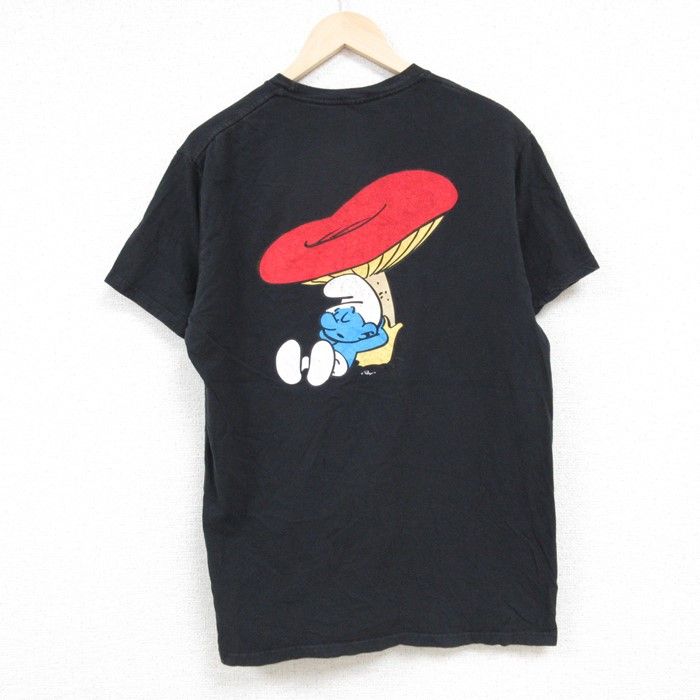 M/古着 半袖 Tシャツ メンズ スマーフ コットン クルーネック 黒 ブラック 24jun11 中古