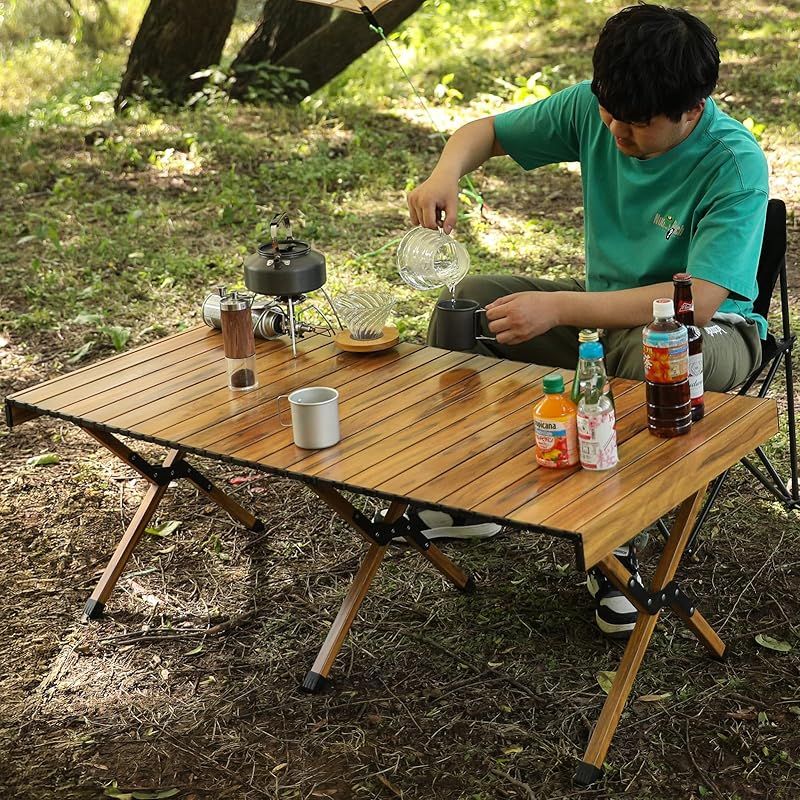 YOGOTO アルミテーブル 折り畳み式 木目調 キャンプ用 防水防錆