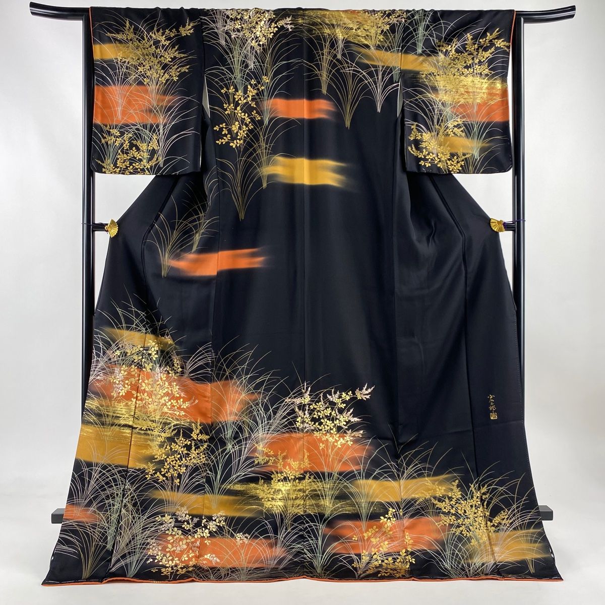 付下げ 身丈179.5cm 裄丈66cm M 袷 落款 萩 霞 金銀彩 黒 正絹 秀品