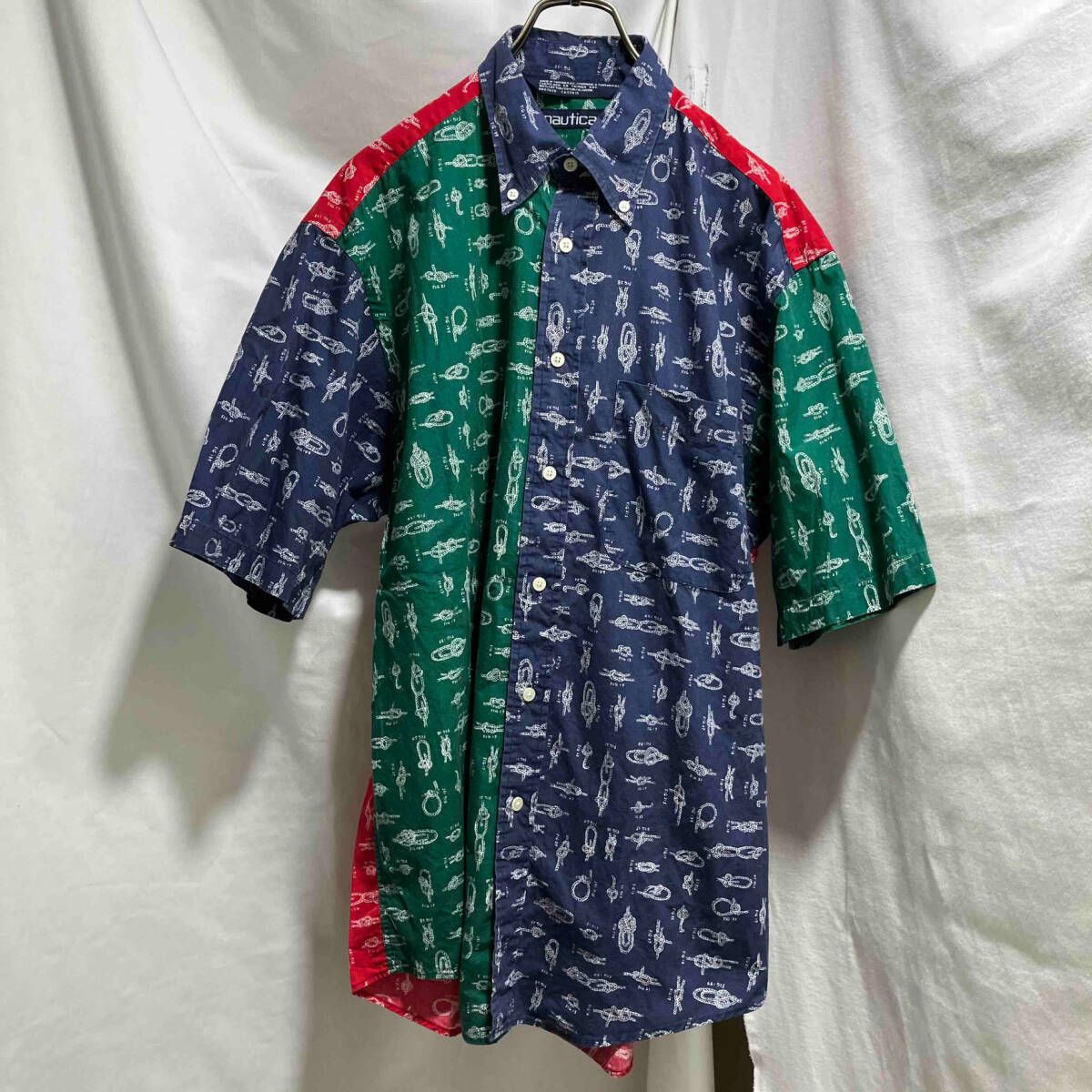 古着 NAUTICA shirt 切替総柄 半袖 シャツ ネイビーレッド グリーン マルチカラー SIZE M ノーティカ