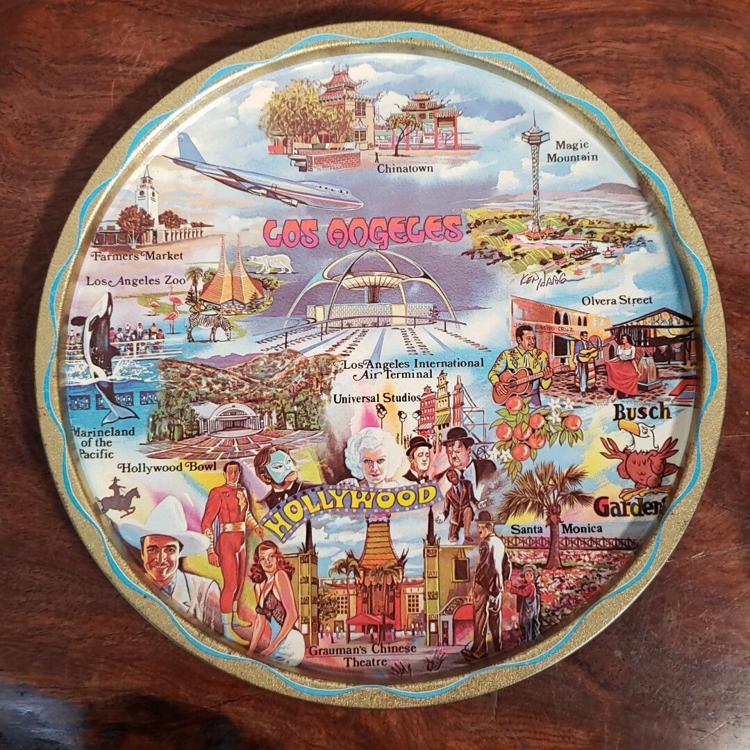 アメカジ 海外 雑貨 レトロ アメリカンなお盆 φ28cm 鉄製 ロサンゼルス LA お土産? アメカジ