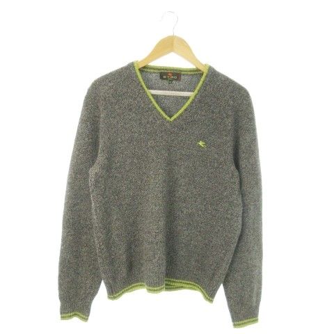 エトロ ETRO ニット セーター Vネック 長袖 ライン ロゴ刺繍 M グレー |MQ GY42