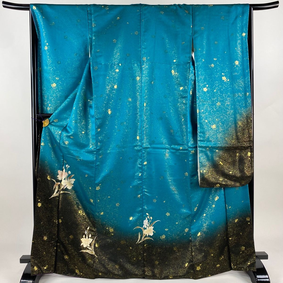 振袖 身丈170.5cm 裄丈65.5cm M 袷 草花 桜 金通し 螺鈿 青緑 正絹 名品