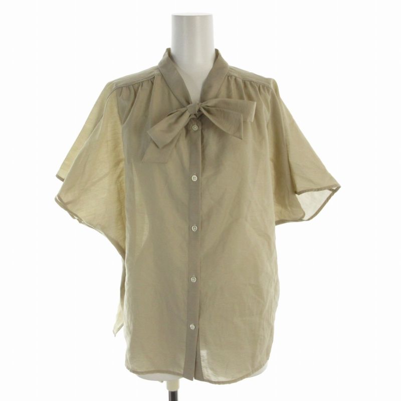 グリーンレーベルリラクシング ユナイテッドアローズ green label relaxing シアー ボウタイ ドルマンスリーブ ブラウス カットソー リボン バンドカラー 半袖 F ベージュ 3516-137-0713 /RO