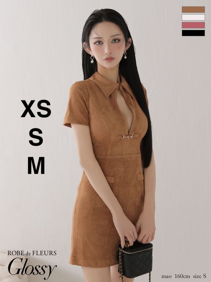 キャメル GL3945-IV-2508 XS-Lサイズあり Glossy|グロッシー スエード| バストカット| 半袖| ミニドレス| キャバドレス