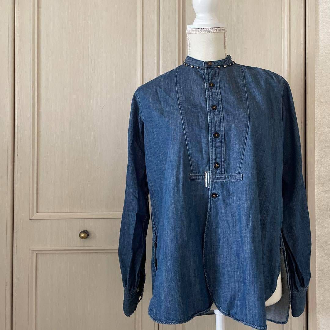 90 45R フォーティファイブアール デニム シャツ トップス 青 長袖 denim お呼ばれ デート オフィスカジュアル 食事会 タンガリー ブルー 青 藍色 ネイビー 紺色