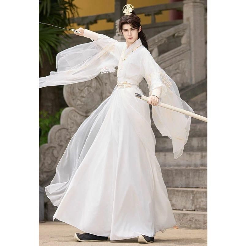 男女兼用 漢服 チャイナ服 中華コスプレ衣装 大人用 中国古代服装 交差襟 仙侠 武侠 侠客 中華時代劇 全身コスチューム 暗黒 白 金色の刺繍 IMPECCABLEHEALTHCARESERVICES_COM