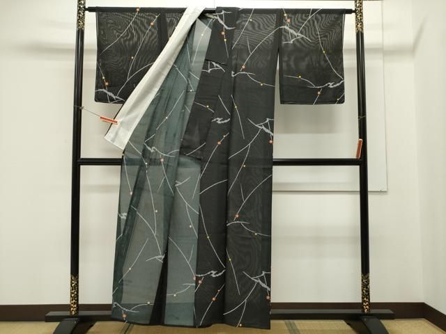 平和屋着物＊夏物 小紋 絽 吉祥文 黒地 洗える着物 BAAS7106pk