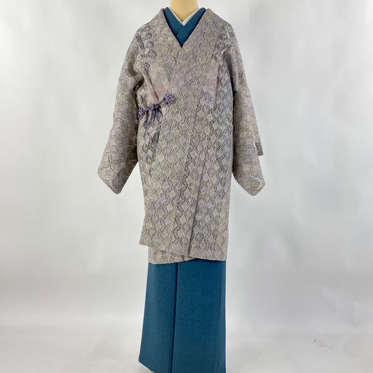 道中着 身丈101cm 裄丈65cm M 和装コート 幾何学模様 灰紫 正絹