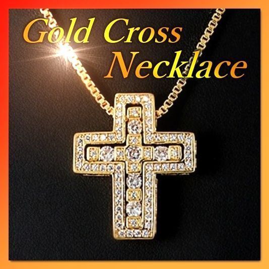 高級感 十字架ネックレス ゴールド色 ジルコニアダイヤモンド メンズ レディースペンダント