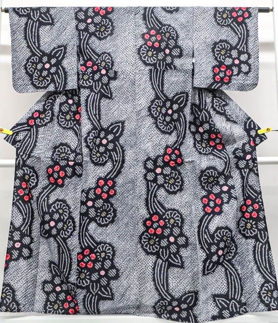 一輝堂 着物 浴衣 昭和レトロ ゆかた 有松絞り 花柄 身丈約160cm 裄丈約62cm 25z06-3415