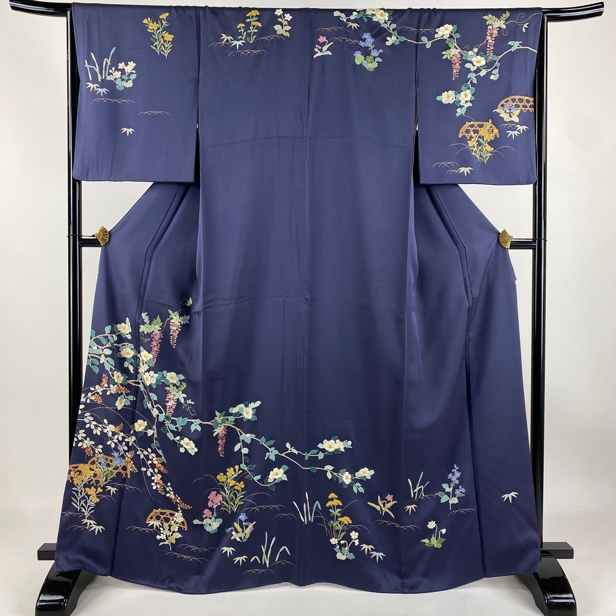 訪問着 身丈166cm 裄丈65.5cm M 袷 椿 萩 金糸 金彩 青紫 正絹 秀品