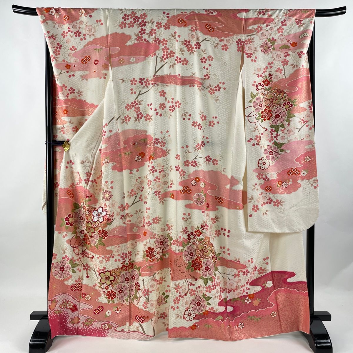 振袖 身丈167cm 裄丈68cm L 袷 桜 鞠 金銀彩 箔 クリーム 正絹 美品