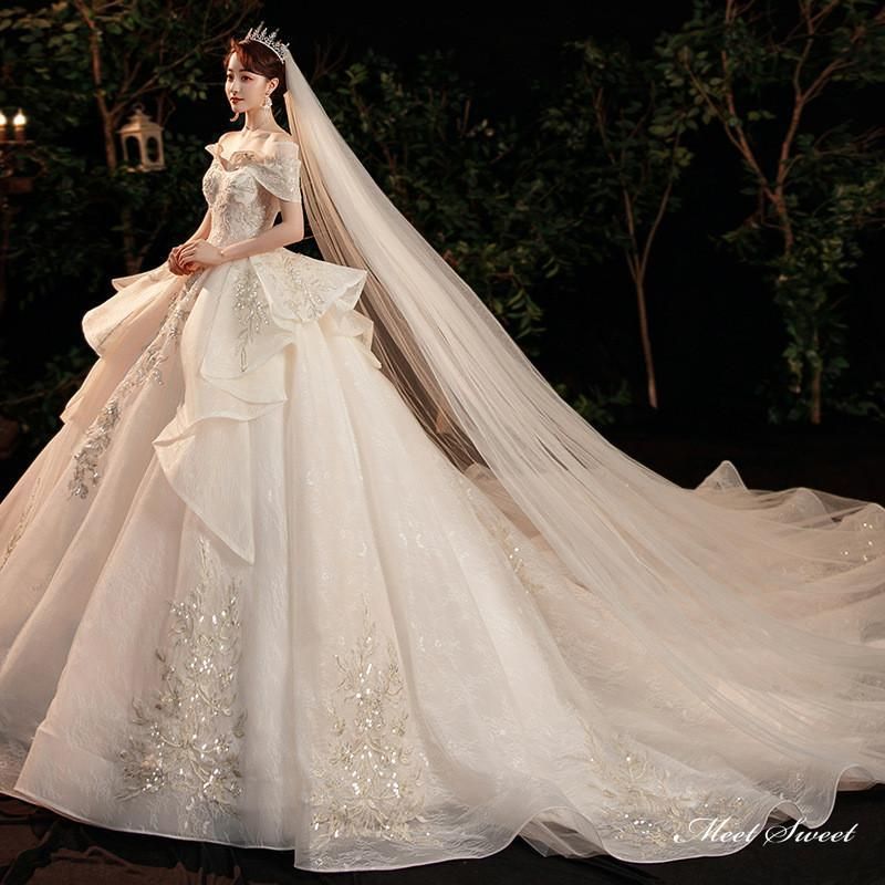 ウェディングドレス ロングドレス プリンセスラインドレス オフショルダー 二次会 結婚式 前撮り 花嫁 ウエディングドレス チュール トレーン ブライダル
