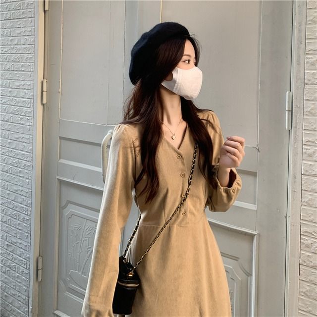 ワンピース ミドルドレス レディース Aライン ゆったり ミモレ丈 韓国デザイン 可愛い ハイウエス