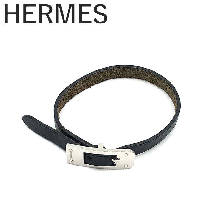 エルメス オーバルバックル ブレスレット M ブラック レザー メタル 