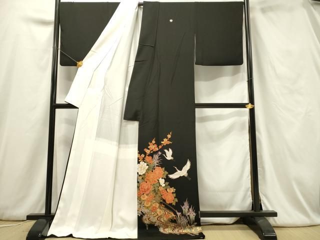 平和屋着物□豪華黒留袖 駒刺繍 飛鶴牡丹文 金彩 ロング丈 正絹
