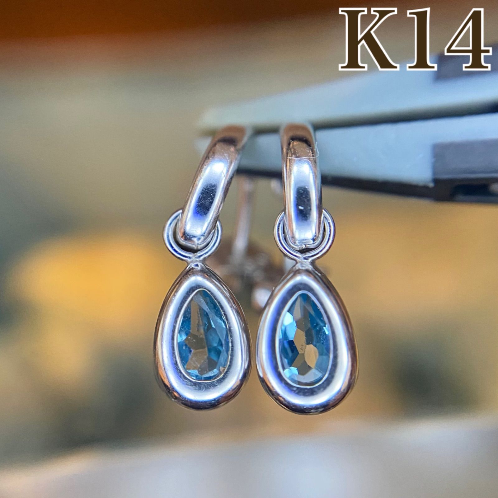 買取店 K14 アクアマリン 涙型 フープ形 ピアス ホワイトゴールド C2224