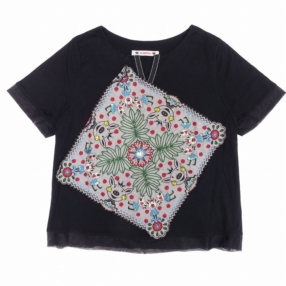アルベロベロ OLLEBOREBLA Tシャツ カットソー スキッパー 半袖 ブタさん スマイル ハンカチ アップリケ 黒 レディース 【中古】 アルベロベロ OLLEBOREBLA Tシャツ カットソー スキッパー 半袖