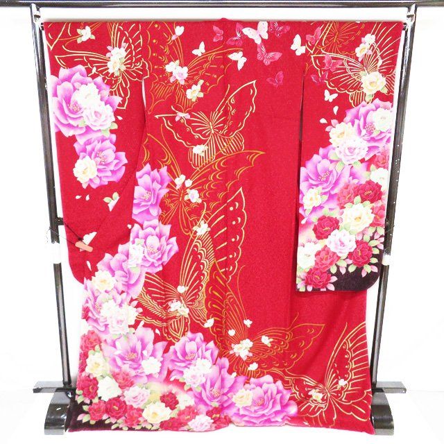 k様【振袖+帯】正絹　振袖　花に蝶柄　紫系　袷 中古）振袖 紫地 金彩 雪輪 花柄 金通し フォーマル 袷 M【身丈