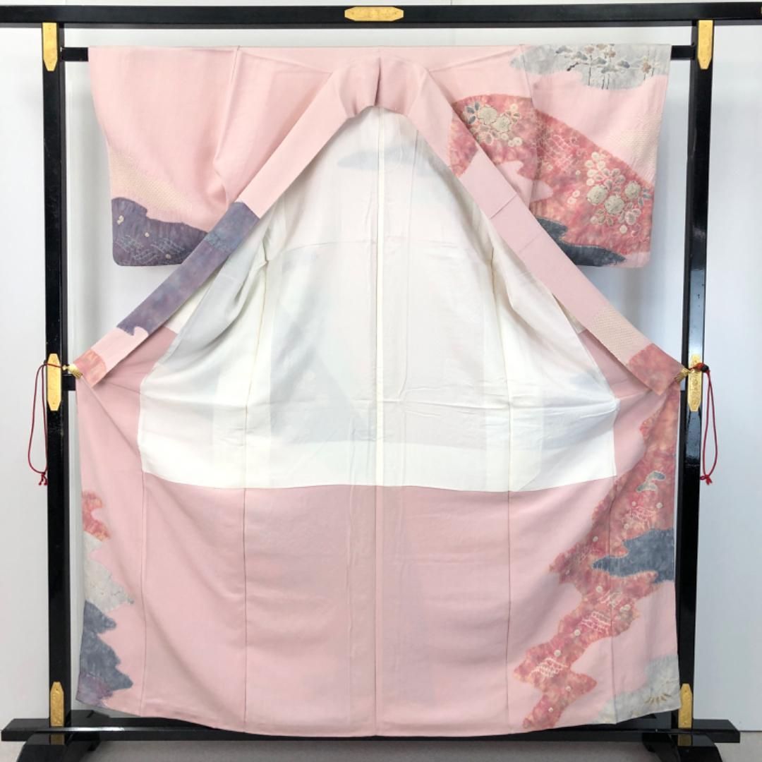 訪問着 十日町滝泰 美しい辻が花絞り 霞模様 浅紅色 縮緬 K-4733  