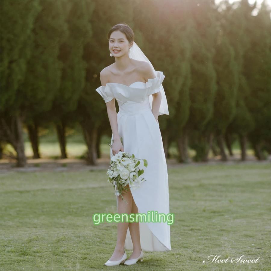 ウェディングドレス ロングドレス スレンダードレス オフショルダー スリット ガーデンフォト二次会 結婚式 前撮り ブライダル