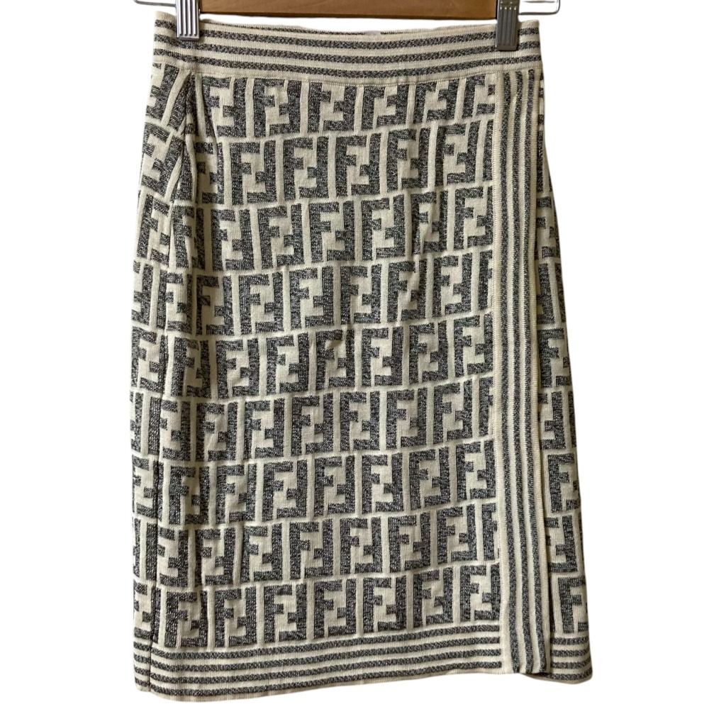 FENDI フェンディ ズッカ柄 ニットスカート サイズ38 アイボリー グレー レディース 古着