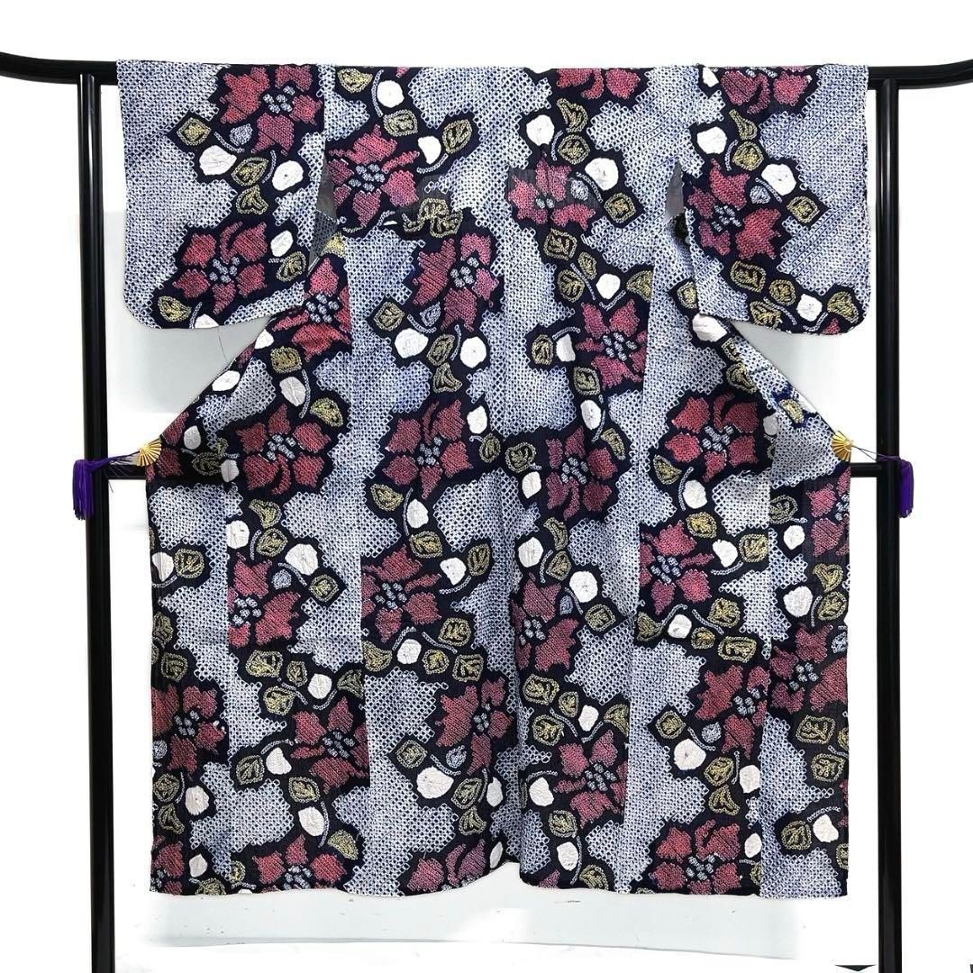 浴衣 有松鳴海絞り 花模様 リーフ 藍色 着物 033a d - メルカリ