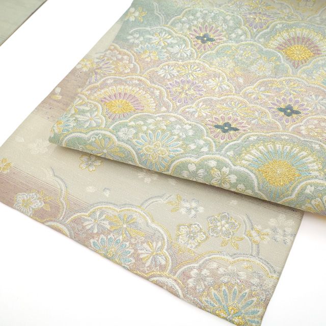 ◆みやがわ b195.豪華 袋帯 螺鈿 引箔地 京都 箔楽庵 うさぎ 珊瑚 貝 黄色 緑 紫 新古品 仕立て上がり 50%クーポン対象引箔西陣織特選袋帯 「イタリー更紗