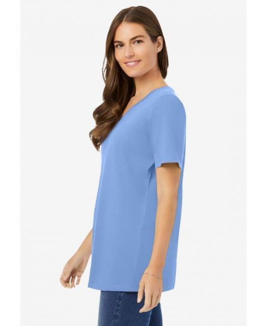【アウトレット特価品】 ウーマン ウィズイン レディース シャツ トップス Plus Size Perfect Short-Sleeve V-Neck Tee French blue モダンな